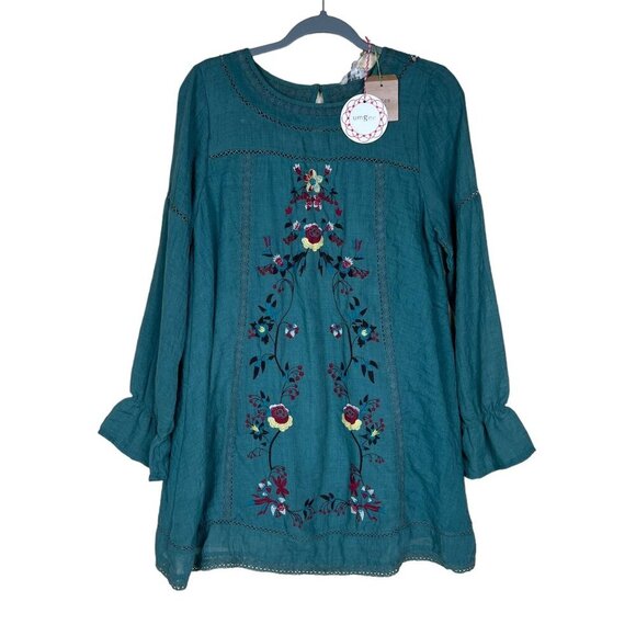 Umgee Tops - UMGEE Women size Large NWT Teal Embroidered Tunic/Dress Top Floral Bohemian